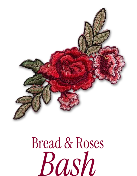 An embroidered rose above an elegant serif text that reads 'Bread & Roses Bash'.